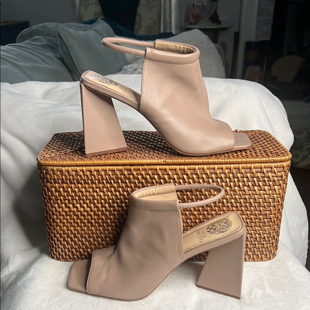 Vince Camuto Beige Open-Toe Block Heels